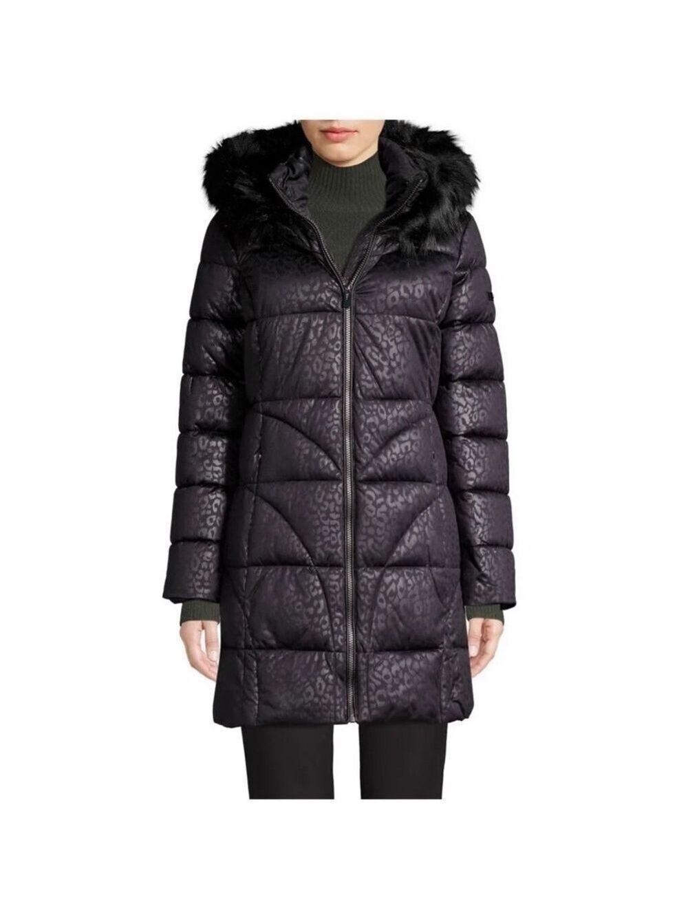 NEW-VIA Spiga Faux Fur-Trim Hooded Puffer Coat LG